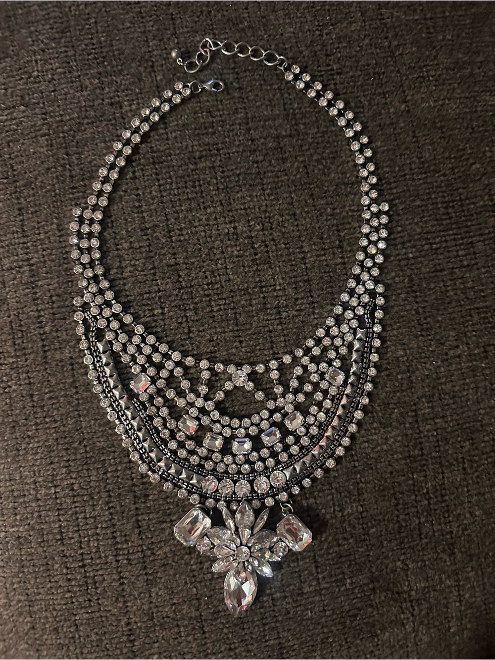 Multi-Row Clear Crystal Statement Necklace - Silver Finish